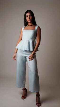 Embroidered Net Peplum Top with Sequins & Thread Work Flared Palazzo