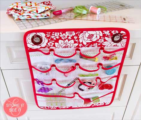 Hanging sewing caddy with clear pockets