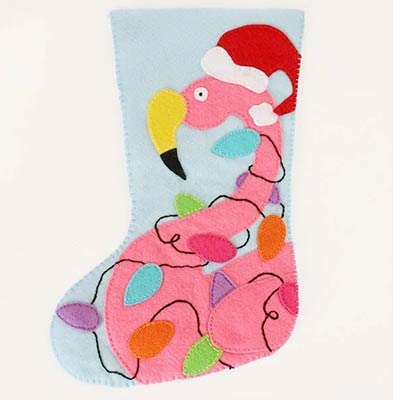 felt christmas stocking with flamingo
