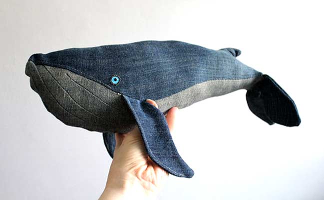 stuffed whale out of old jeans