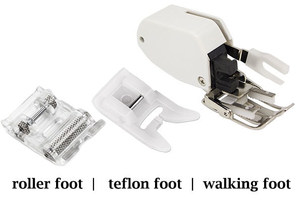 different presser feet - roller, teflon, walking