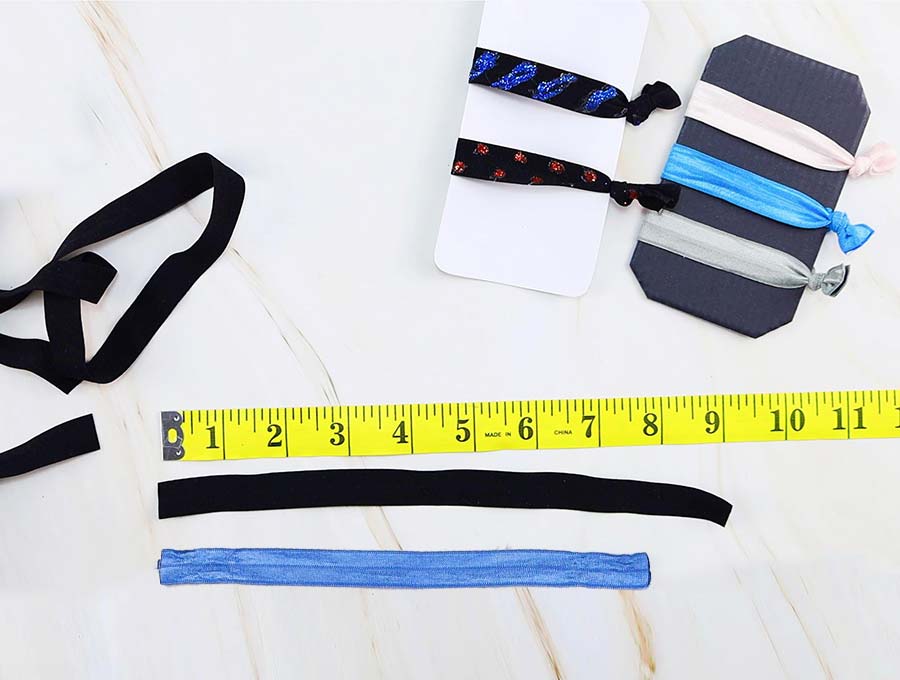 measure and cut the fold over elastic to make elastic hair ties