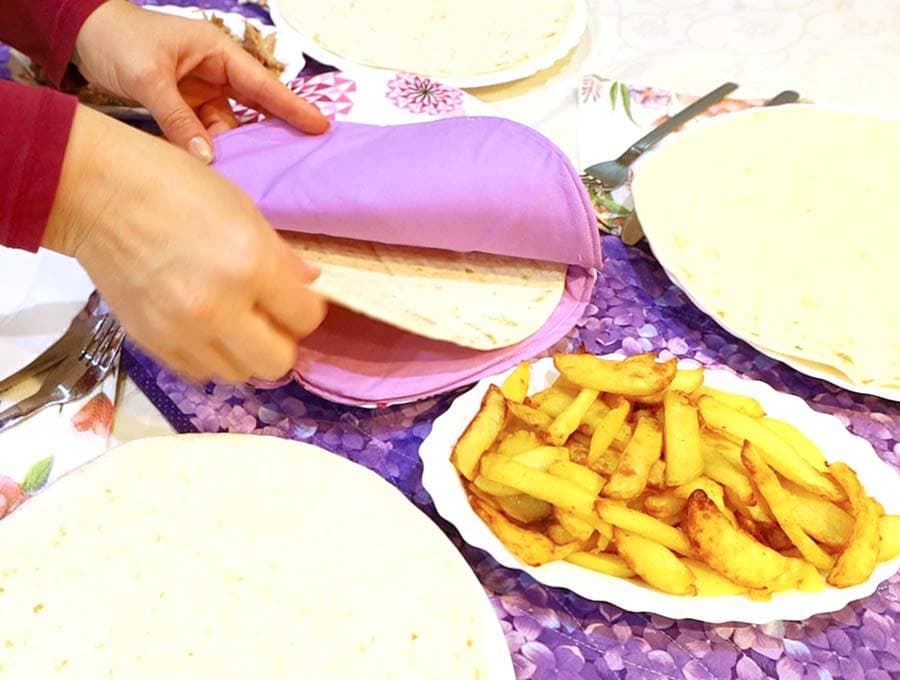 diy tortilla warmer in use