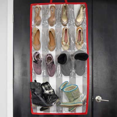 Hanging shoe caddy with clear vinyl pockets