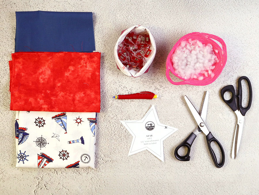 supplies, tools and template for 4th of July fabric stars in red, white and blue
