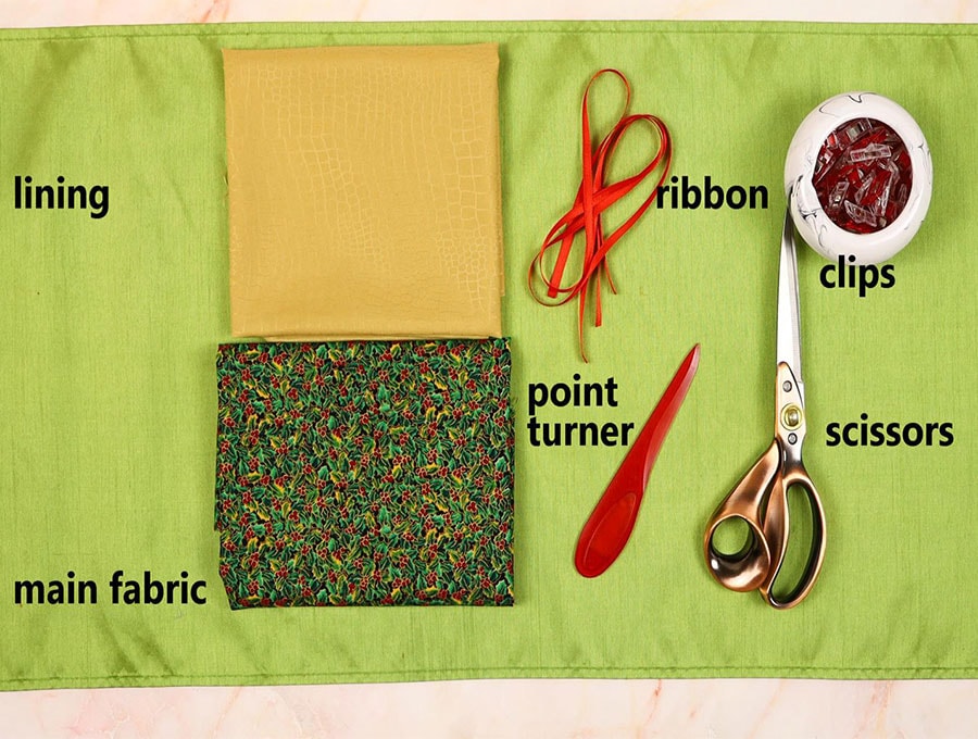 supplies to sew a diy petal drawstring gift bag