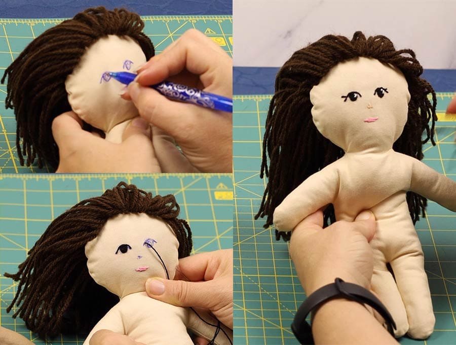 drawing and sewing the eyes of the diy rag doll