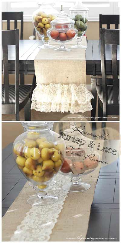 Reversible burlap and lace table runner