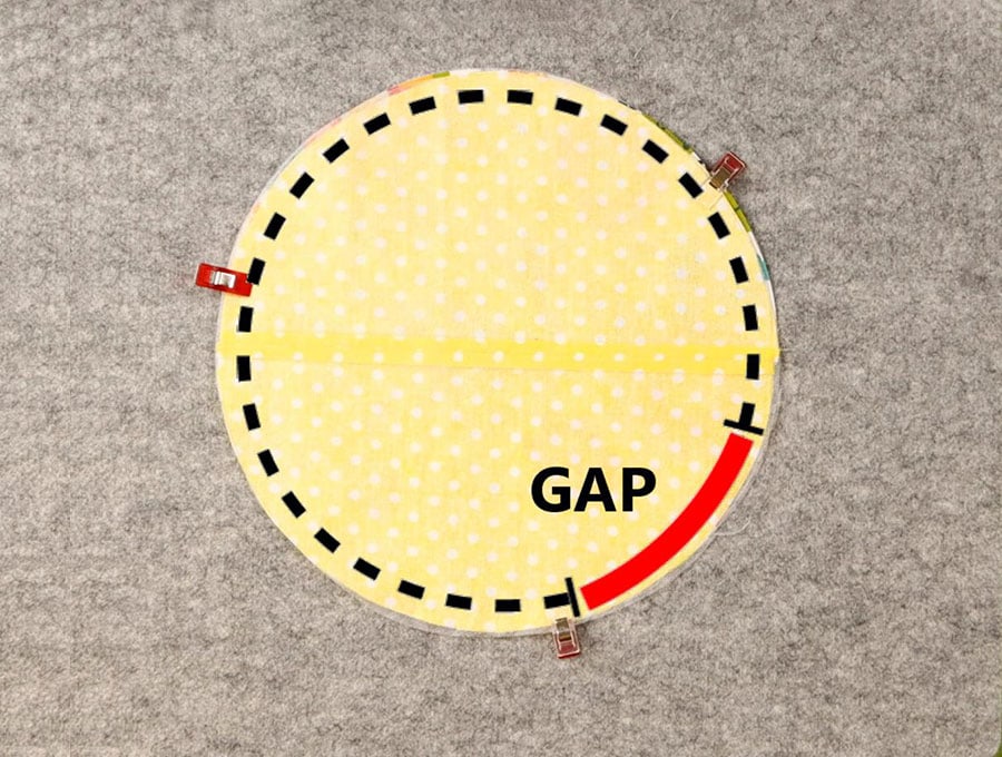 stitch around the round fabric trinket tray and leave gap