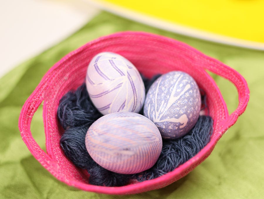 silk tie dyed eggs in basket