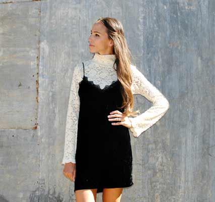 Velvet slip dress with lace trim