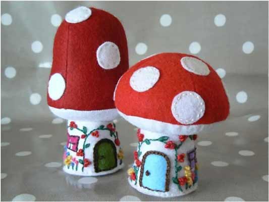 Toadstool Cottage and Mushroom House pin cushion