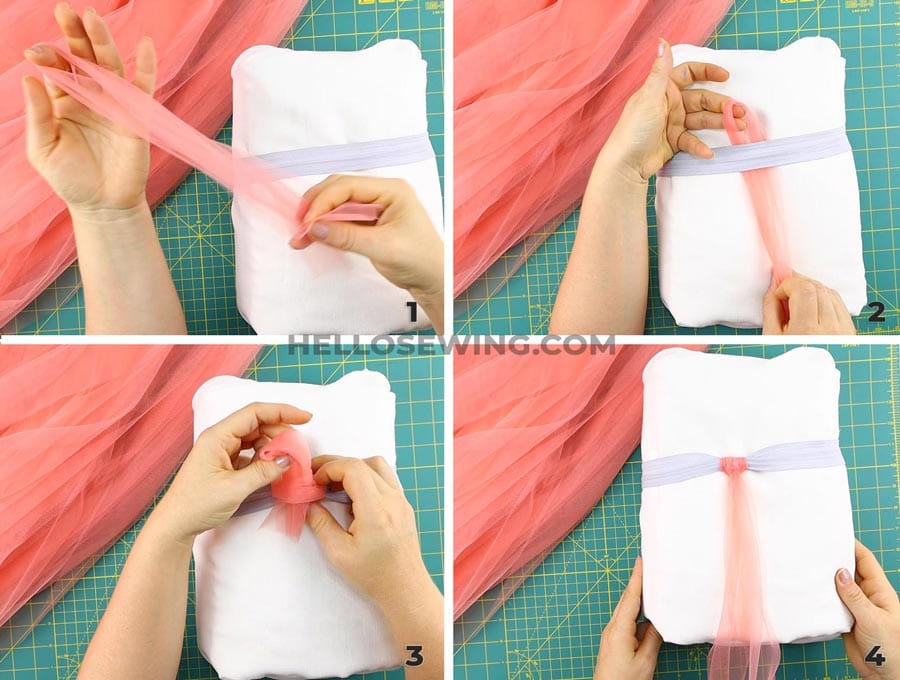 knotting the tutu skirt - collage of step by step process